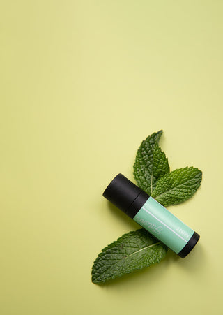 A peppermint grassfed suet tallow lip balm with mint leaves and a green background.