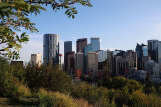 View of the skyline of Calgary in Alberta, Canada with greenery and trees.